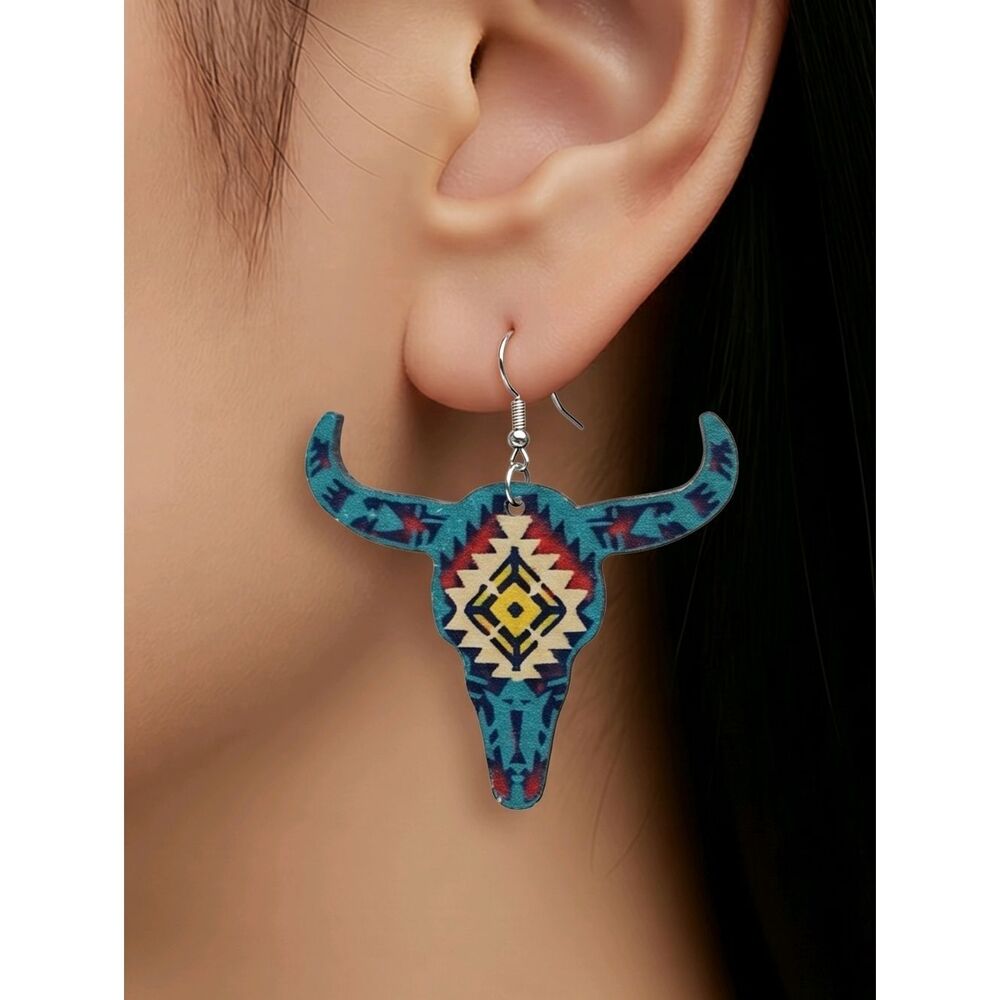 Longhorn Skull Earrings Southwestern Cowgirl Aztec Steer Western Wood Dangle